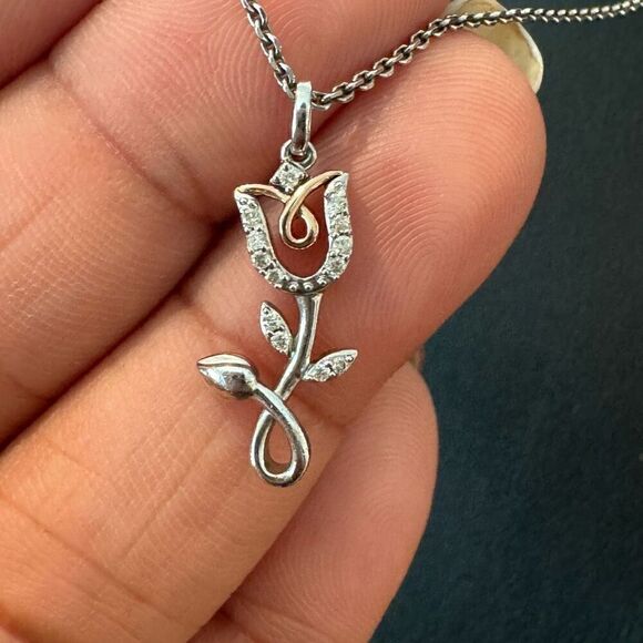 Hallmark Diamonds Flower Necklace 1/15 ct tw Sterling Silver & 10K Rose Gold 18" - Picture 5 of 9